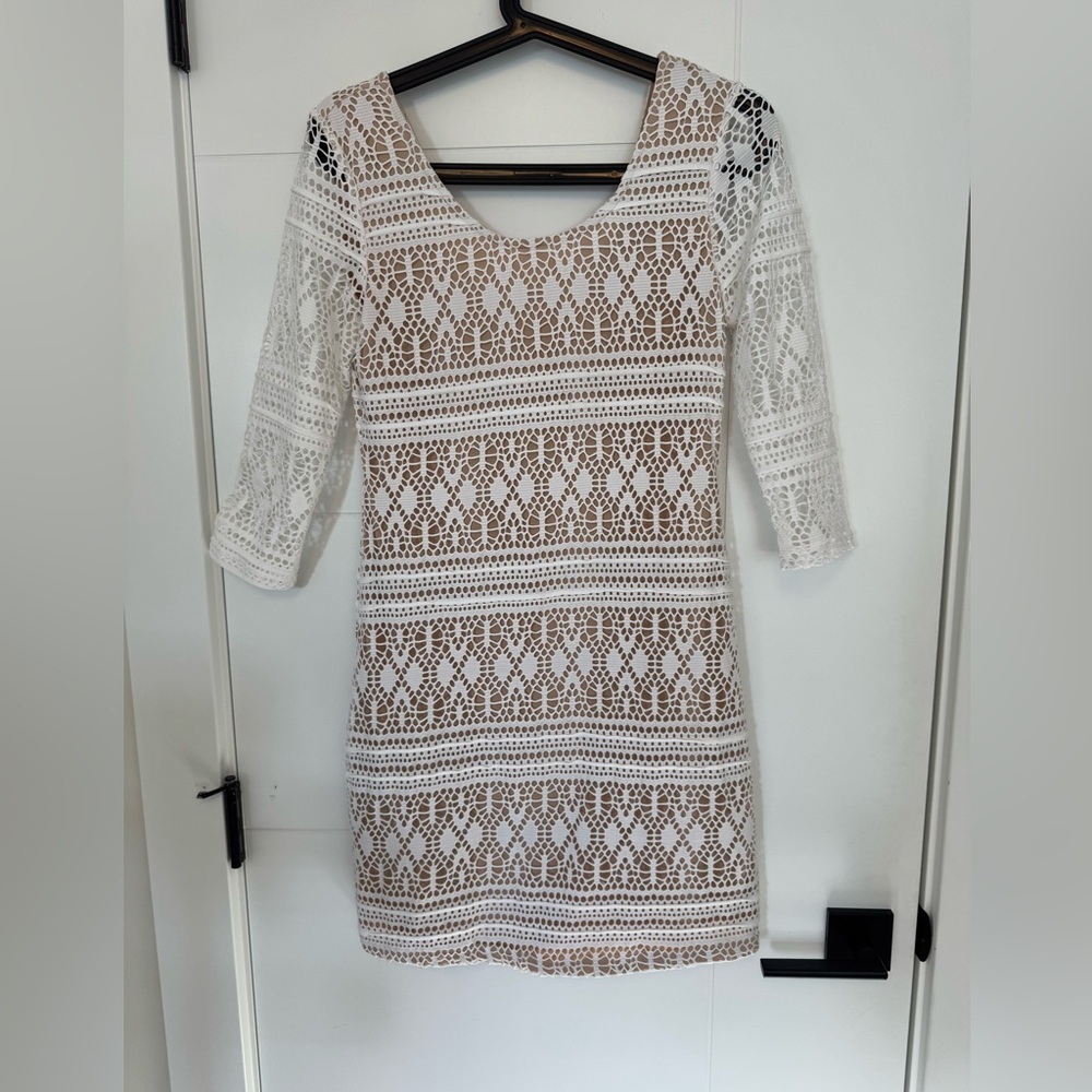 Goldie White Lace Crochet Dress Medium Boho Chic Semi-Sheer Lined